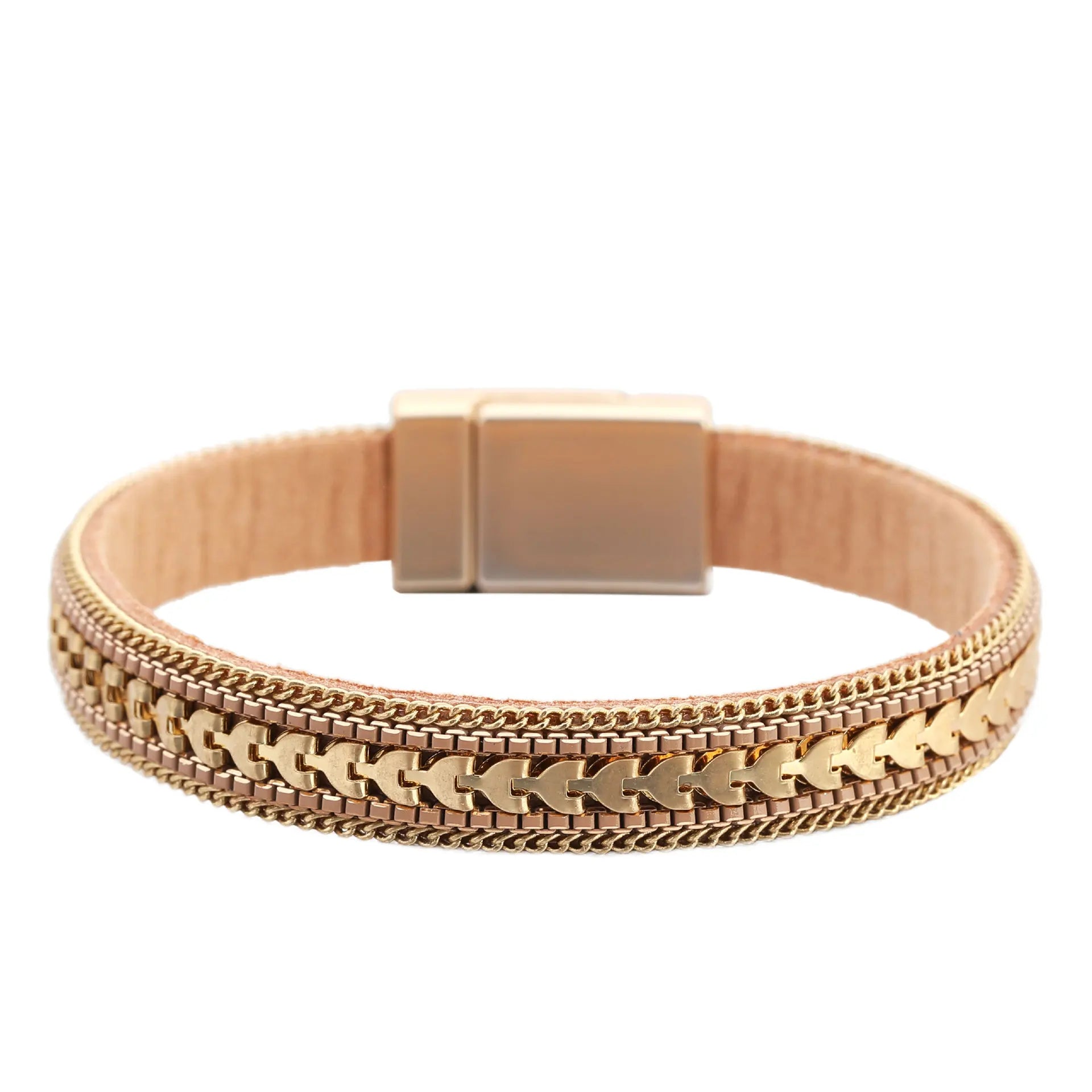 Women's Simple Plain Leather Magnetic Clasp Cuff Bracelets Flat Mixed Chain Wrap Fashion Bracelets