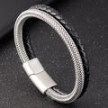 Luxury Jewelry Multi Layered Mens Cuff Stainless Steel Wire Wrap Woven Bracelets Genuine Leather Bracelet Men Bangle