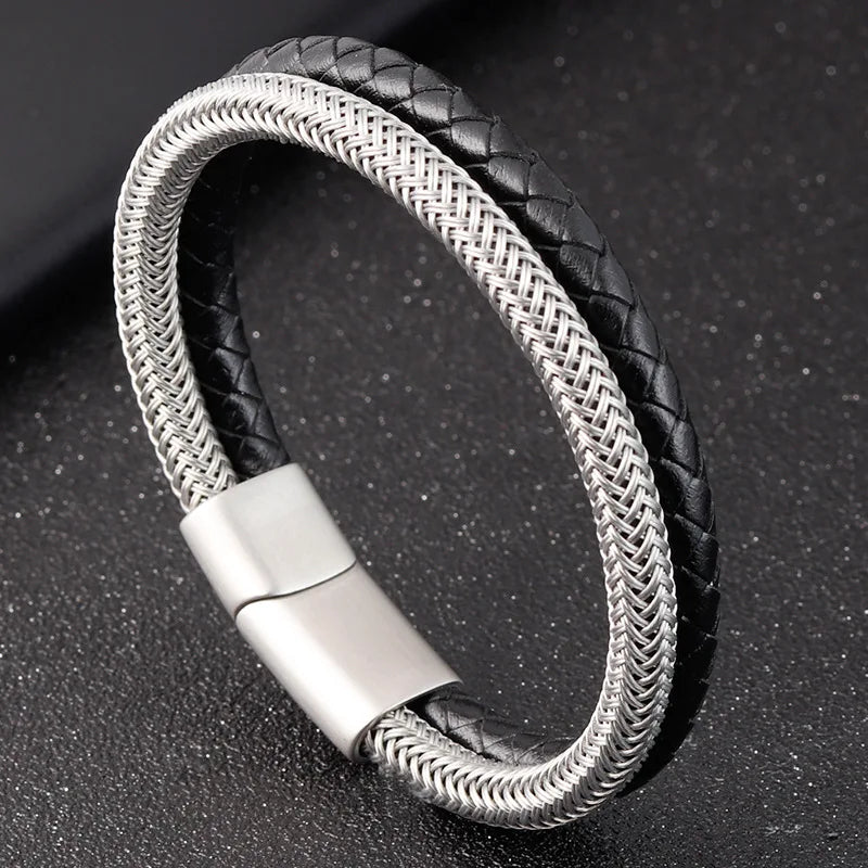 Luxury Jewelry Multi Layered Mens Cuff Stainless Steel Wire Wrap Woven Bracelets Genuine Leather Bracelet Men Bangle