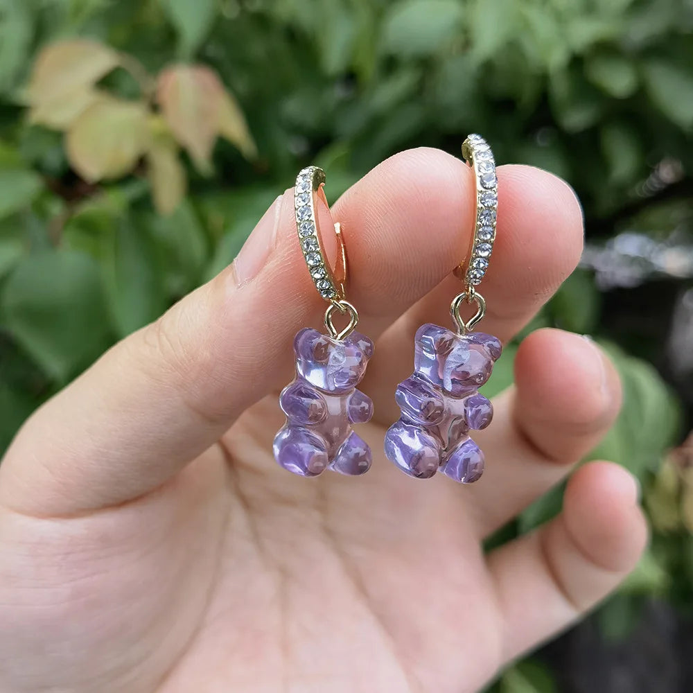Iced Out Sparkle Transparent Cute Girl Delicate Jelly Gummy Bear Diamond Summer Purple Cherry Green Blue pink Pendant Earrings