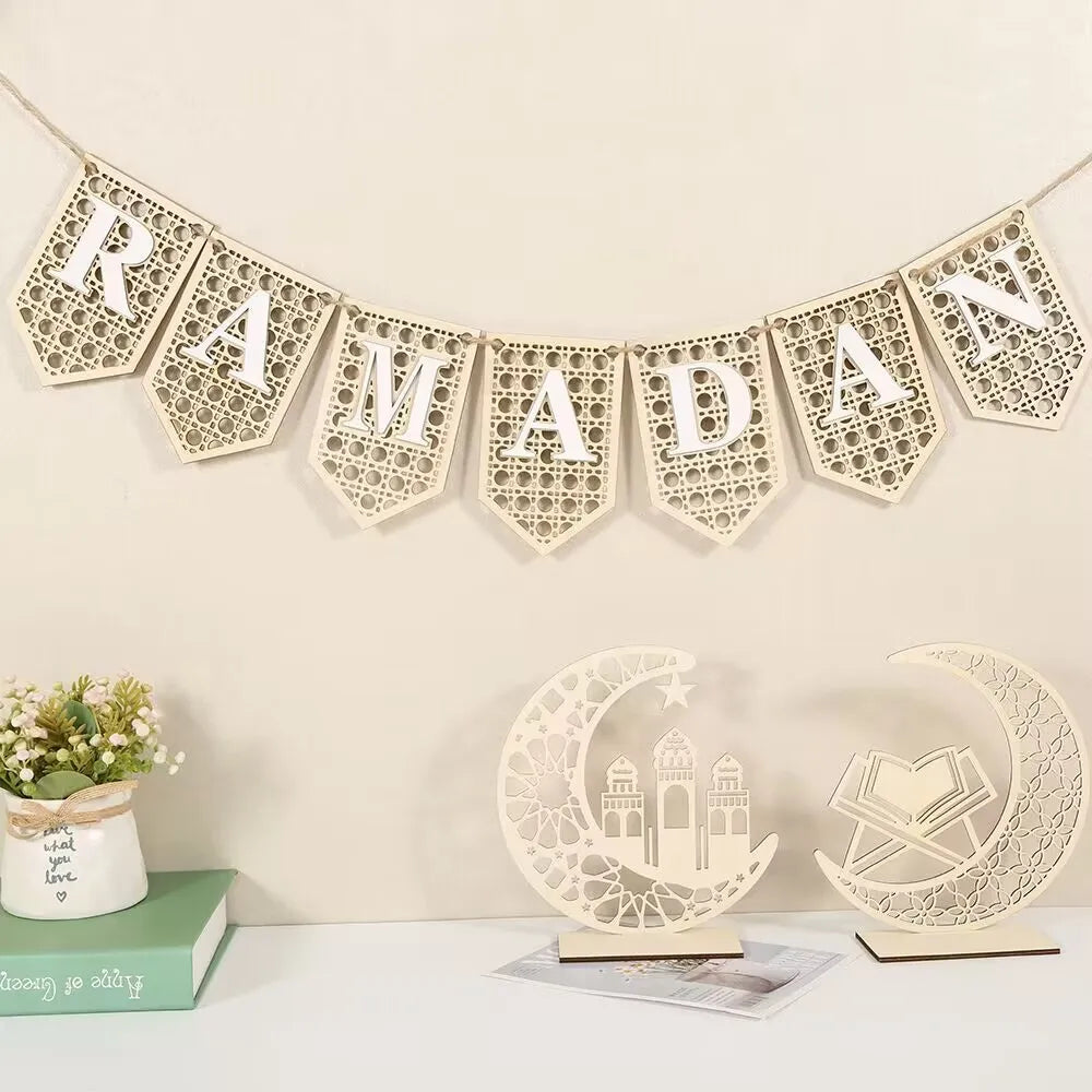 Tailai Wooden Ramadan Eid Mubarak Wall Hanging Banner with Engraving Customized Color & Size for Muslim Home Party Decoration