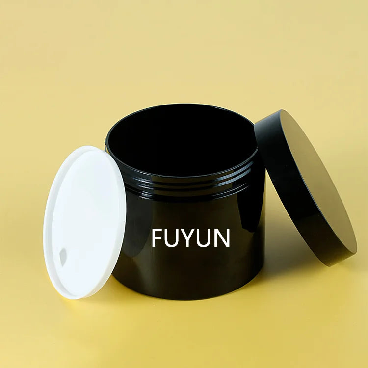 Fuyun Wholesale Cosmetic Food Packaging 300ml Black PET Plastic Loose Powder & Lotion Skin Care Jar with White and Black Lids