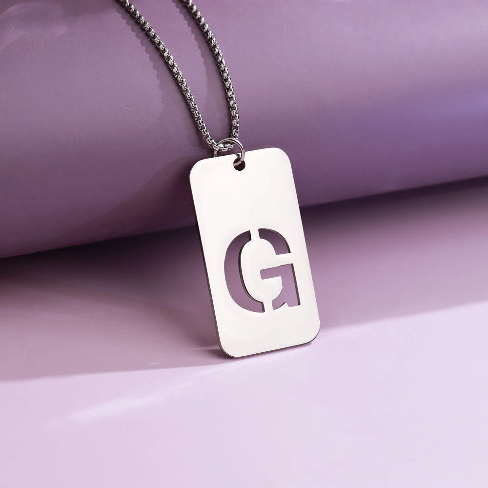 Personalized Stainless Steel Initial Necklace for Men A-Z English Alphabet Dog Tag Necklace Geometric Link Chain Gift for Him