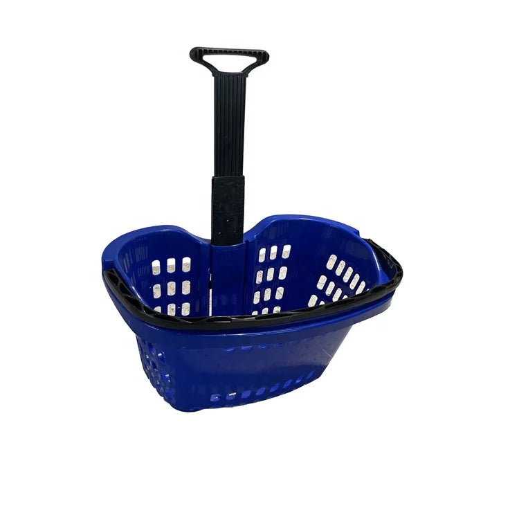 Wholesale Supermarket Durable Plastic Rolling Shopping Basket with Pull Handle