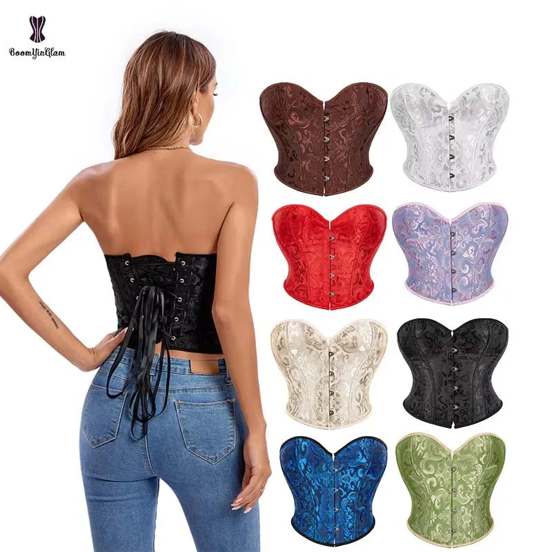 6 Colors Vintage Gothic Jacquard Bodice Strapless Bustier Corset Top Plus Size Breathable Sexy Women's Shapewear with Thong