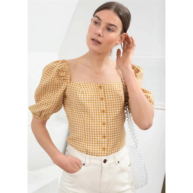 Pure Cotton Women's Short-Sleeved U-Neck Blouse Tops Yarn-Dyed Plaid Print Fashion Casual Style for Summer Cropped Look