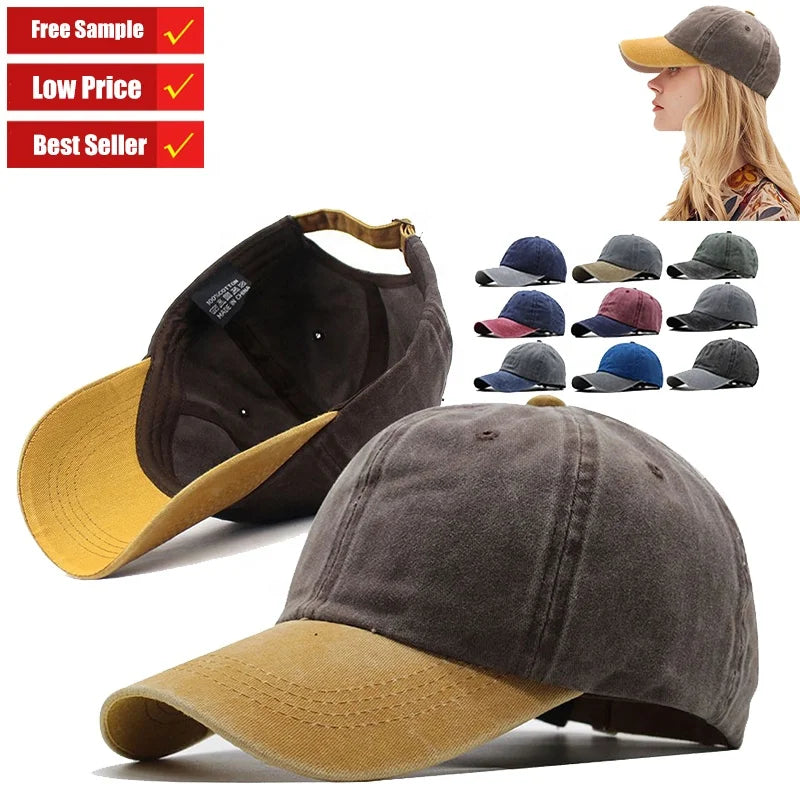 Hot Selling Custom Hip Hop 6 Panel Blank Two Tone Distressed Washed Cotton Vintage Baseball Cap Washed Hip Hop Cap for Men Women