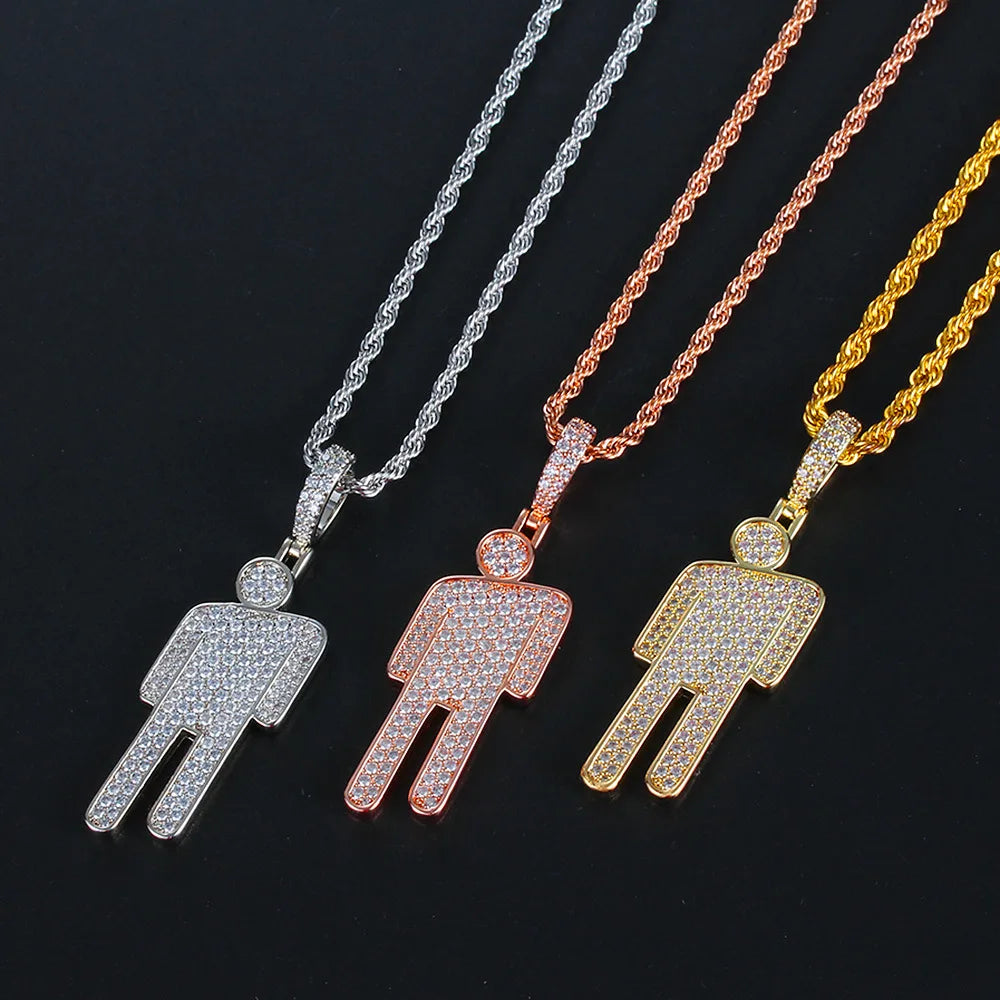 Newest Fashion Full Diamond Necklace Cartoon Figure Titanium Billie Eilish Necklace Key Accessory for Men Women