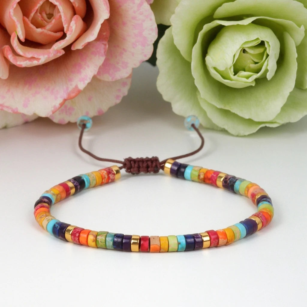 Dainty Bracelet for Women Jewelry Natural Gemstone Colorful Sea Sediment Jasper Healing Crystal Rainbow Jasper Beaded Bracelet