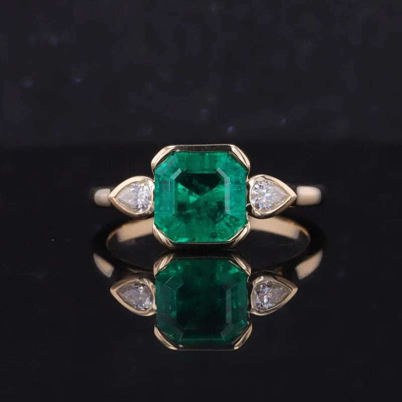 Starsgem Zambia Emerald Ring Asscher Cut Moissanite Side Pear Shape 3 Stones Engagement Ring