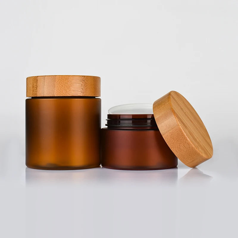 Body Butter Scrub Container  250g  8oz Frosted clear Amber PET Plastic Cream Jar with Bamboo Cap
