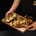 Hot-selling Barbecue Restaurant Tableware Set Metal Gold Round Plate Rice Bowl Dipping Dish Water Cup Chopsticks Spoon Cutlery