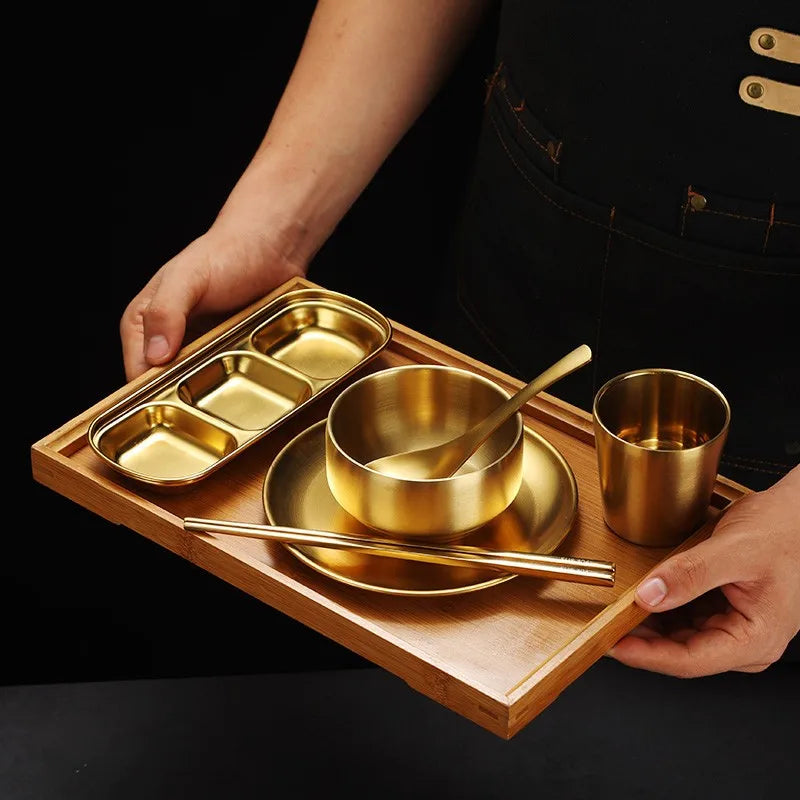Hot-selling Barbecue Restaurant Tableware Set Metal Gold Round Plate Rice Bowl Dipping Dish Water Cup Chopsticks Spoon Cutlery
