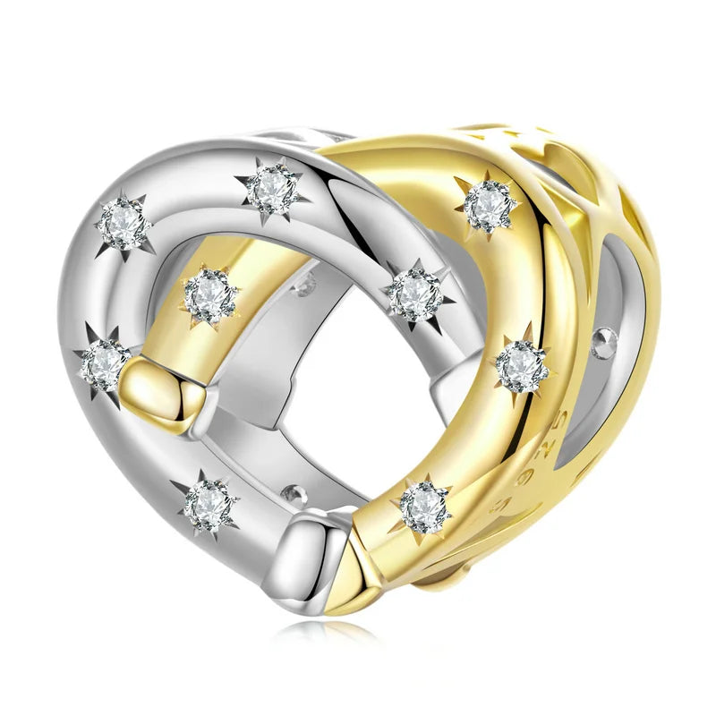 Solid 925 Sterling Silver Two-Tone Heart Charms Cute DIY Love Beads with Zircon Lucky Horseshoe for Women's Original Bracelet