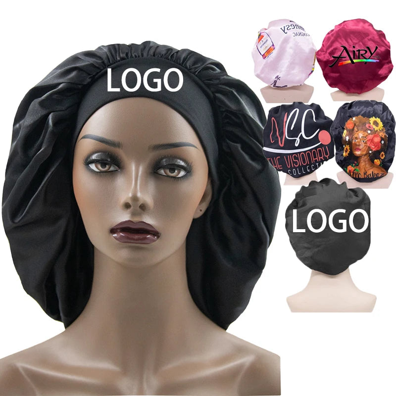 Manufacturer Designer Custom Print Logo Wide Band Silk Women Hair Silk En Satin Bonnets With Logo Band
