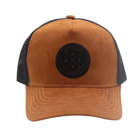 Mesh Back Curved Trucker Men and Women Baseball Cap 5-Panel Leather Patch Snapback Closure for Hunting Hiking Suede Trucker Hat