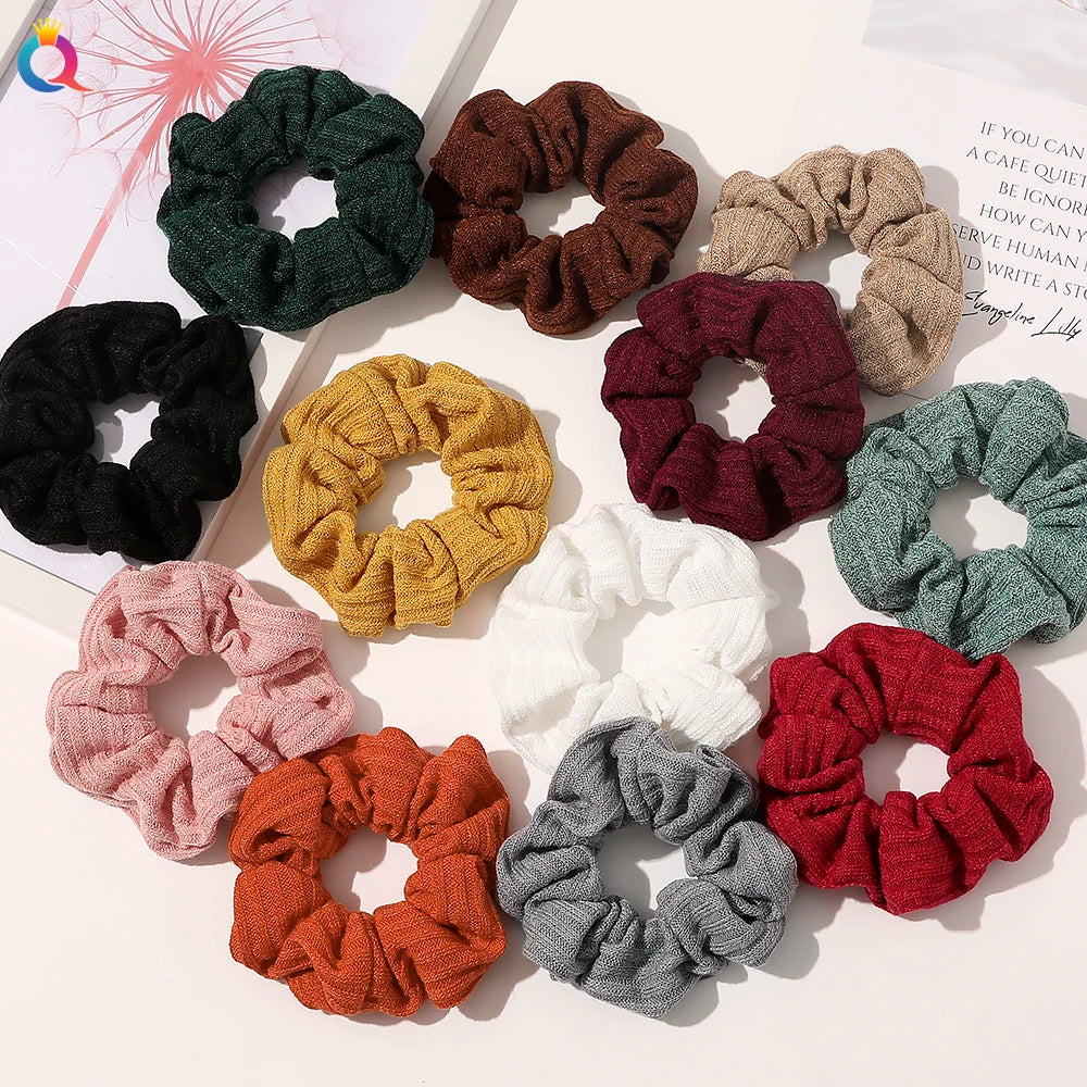 QIYUE Women's Fashion Elastic Hair Band Winter Warm Striped Creative Cloth Sweater Scrunchies