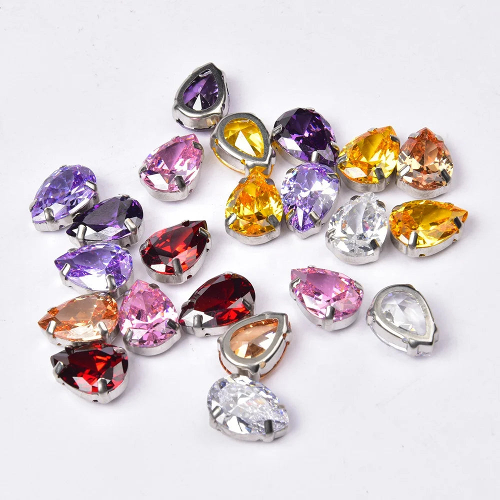 5A Shiny Water Drop Colorful Zircon 10*14mm Pointed Bottom Crystal Rhinestone Sew on Gold Silver Claw Diy Jewelry Accessories