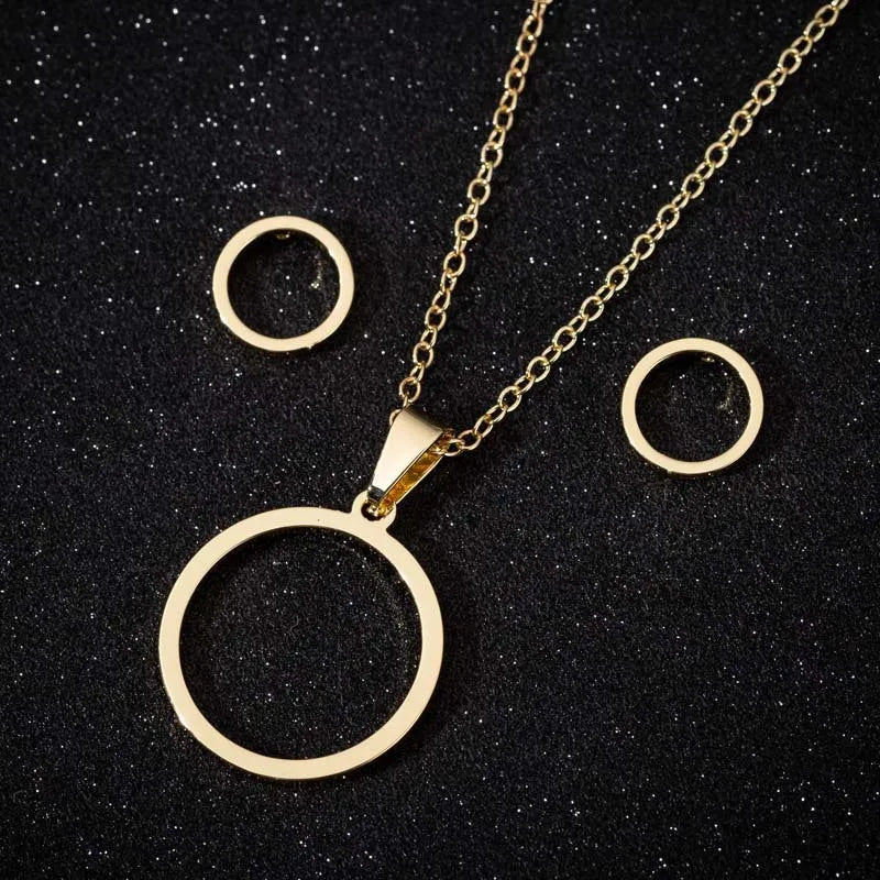 Stainless Steel Round Necklace Earring Set Three Piece Set of Accessories Simple Geometric Hollow Round Pendant
