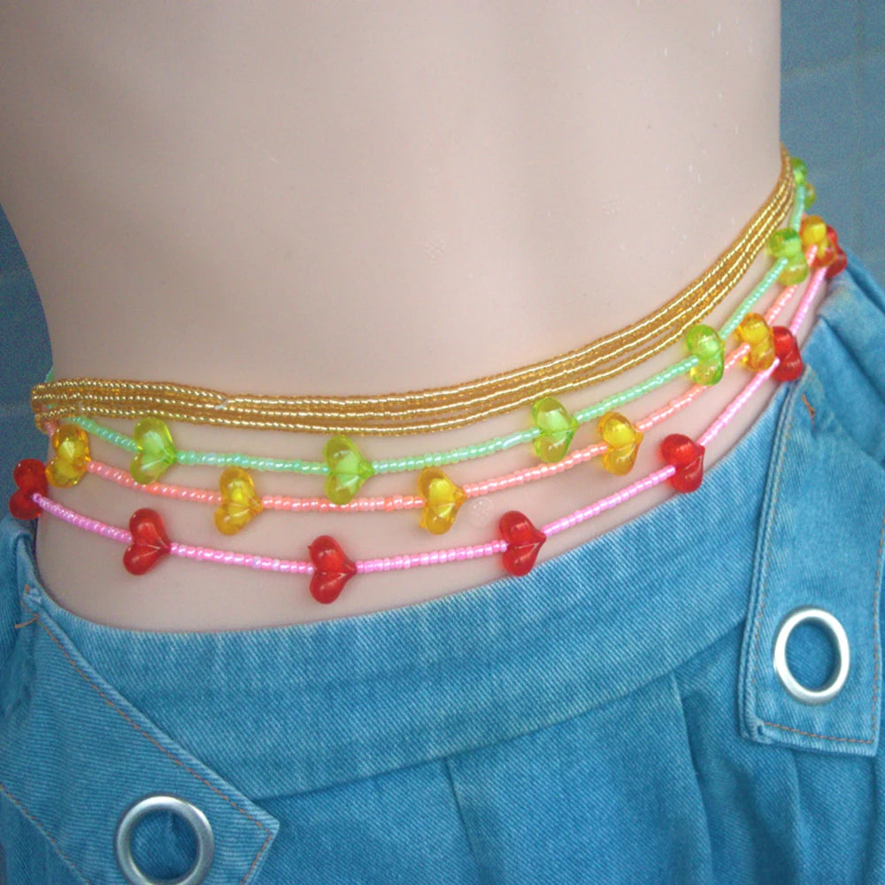 Boho Glass Seed Beads Heart Charms Handmade One Elastic Cord Plus  One Lobster Clasp 2pcs Waist Beads Belly Chain Body Jewelry