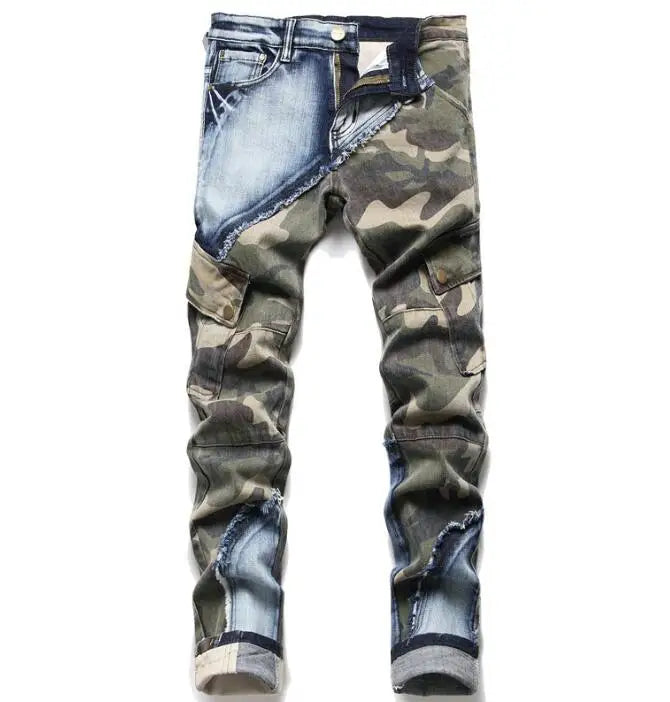 Men Mid Waist Skinny Jeans Patchwork Stretch Light Wash Denim Casual Eco-Friendly Pencil Pants