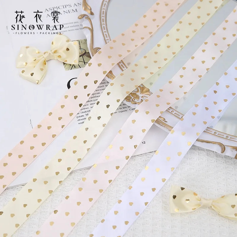 SINOWRAP 40 Yards Printed Gold Little Heart Grosgrain Ribbon Stain Ribbon for Hair Bows DIY Crafts Handmade Accessories