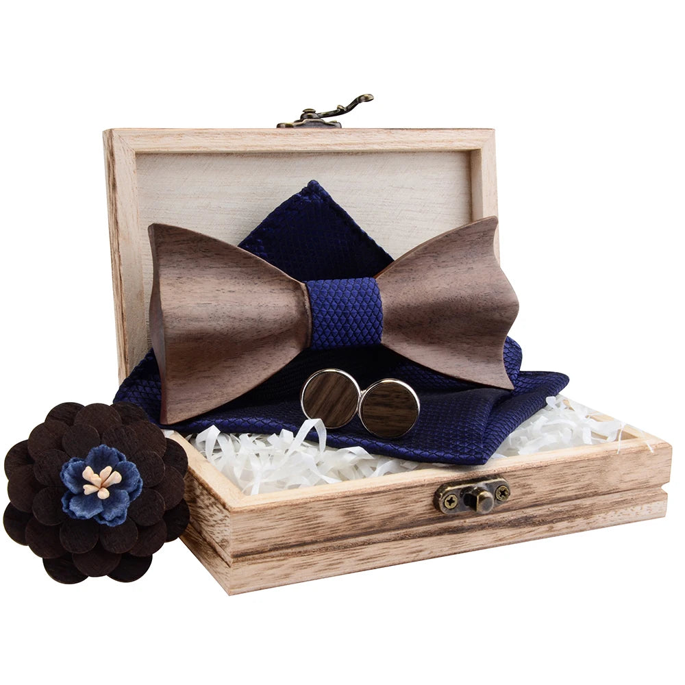 Mens Wooden Bow Tie Set With Matching Pocket Square Cufflinks Brooch Classic Handmade Craft 4pcs/set Bowtie Handkerchief Sets