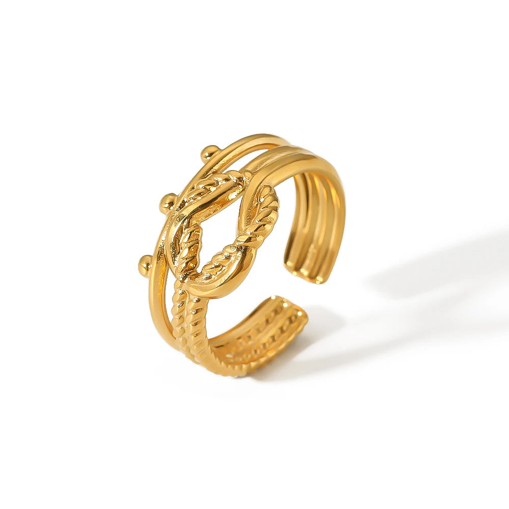 Korean Graceful Stainless Steel 18K Gold Plated Textured Twisted Adjustable Open Ring for Women