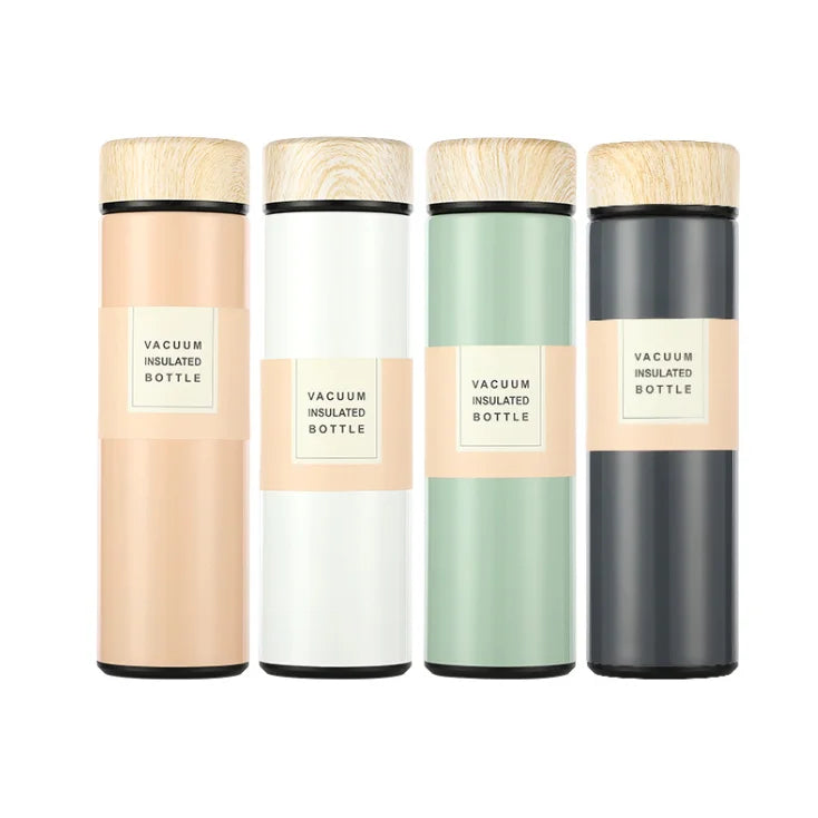 Custom Logo Double Wall Stainless Steel Water Bottle with Wooden Lid and Insulation
