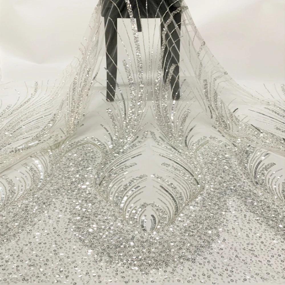 Luxury Heavy Glitter Silver Beaded 3D Lace Fabric Handmade for Bridal Wedding Dress Eco-Friendly Nonwoven Weft Knitted Fabric