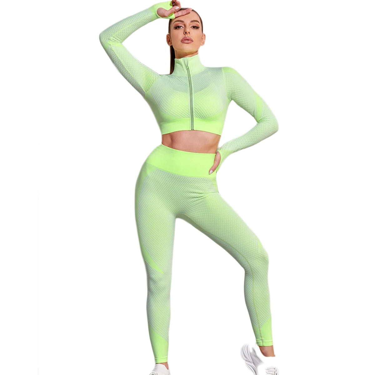 FLW Women's Winter Yoga Sets Long Sleeve Gym Training Clothes Yoga Tight Jacket Fitness Sports Workout Leggings