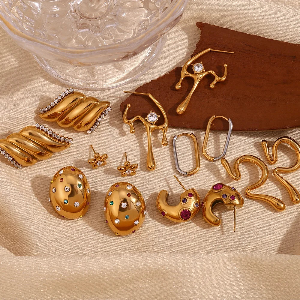 Dreamshow 2024 Trendy Jewelry Melting Zircon Hoop Earrings Set 18k Gold Plated Cuff Earrings Stainless Steel Jewelry