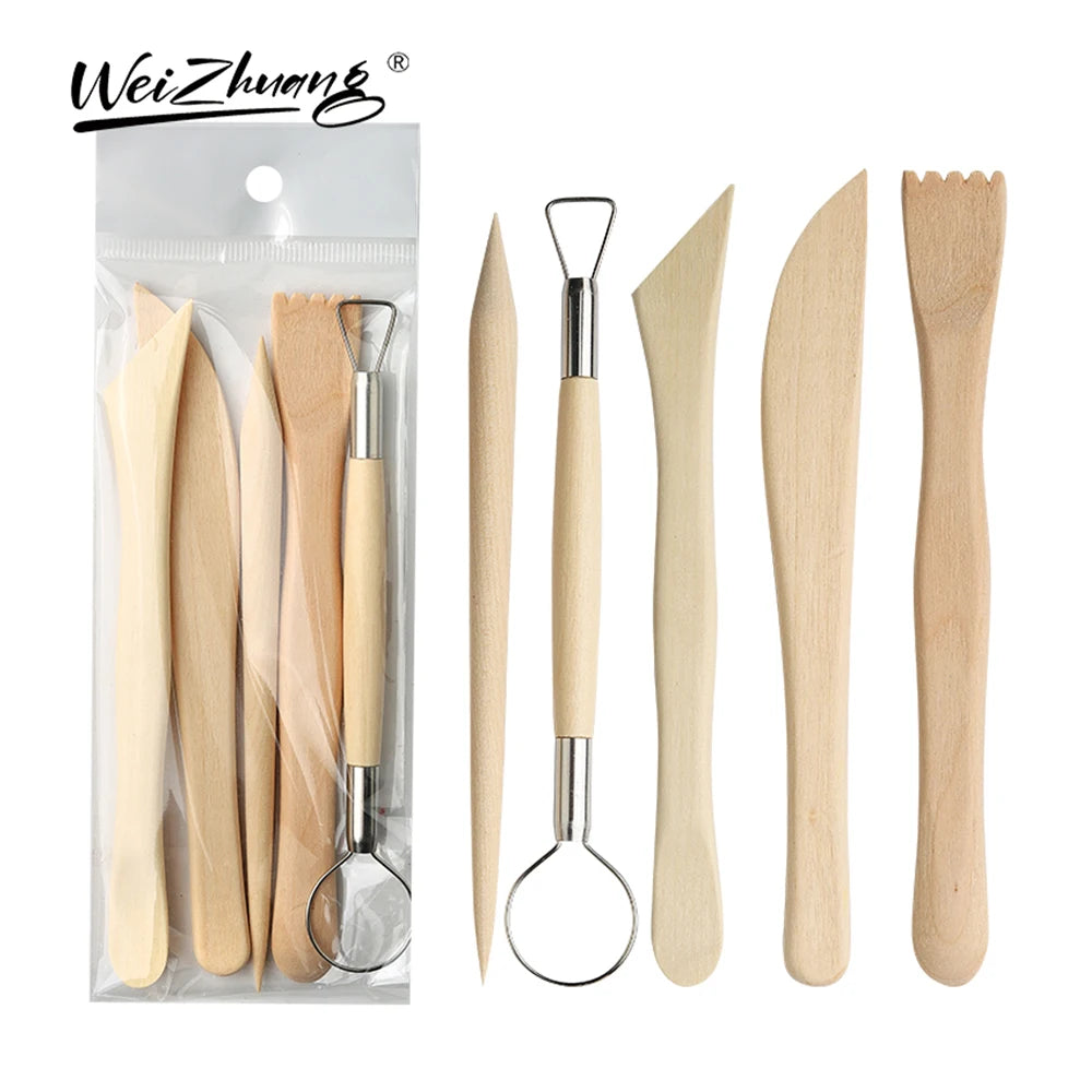 5pcs Wooden Pottery Tool Kit Polymer Clay Carving Accessories for Ceramic Pottery Wood Modeling Set of Art Supplies