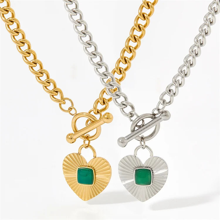 Natural Emerald Stone Heart Pendant Stainless Steel Ot Clasp Gold Plated Cuban Chain Gemstone Necklace for Women