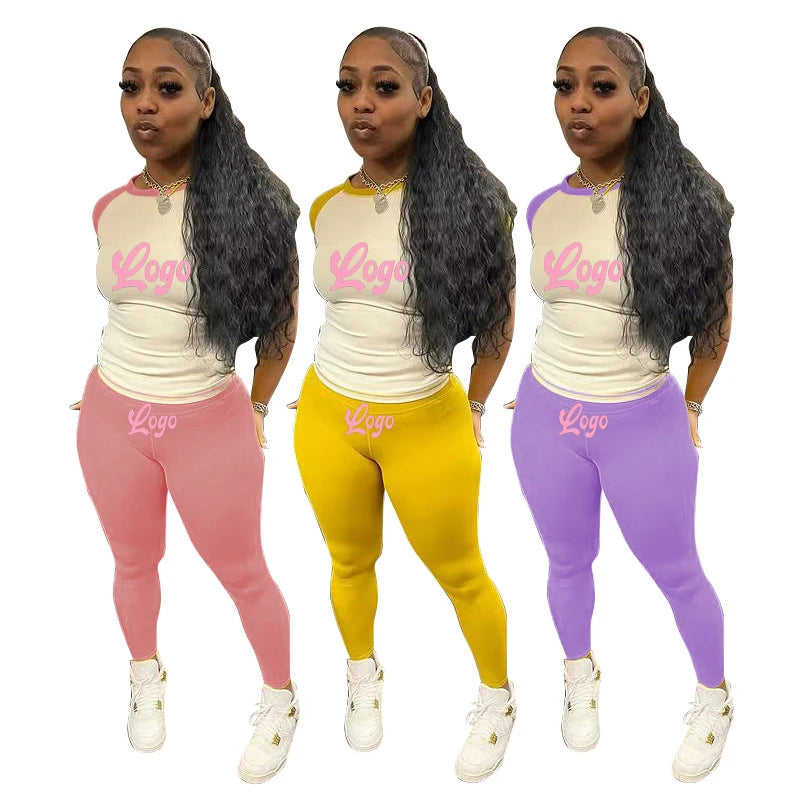 Spring New Arrival Custom Embroidered Logo Sporty Yoga 2 Piece Sets Short Sleeve T Shirts and Leggings Women's 2-piece Suit