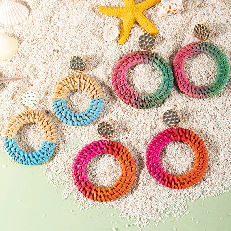 Natural Earrings Rattan Earrings Colorful Woven Rattan Large Round Drop Earrings