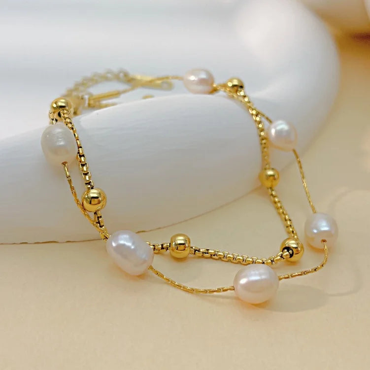 Fashion Waterproof Stainless Steel 18K Gold Double Layer Chain Freshwater Pearl Bracelet