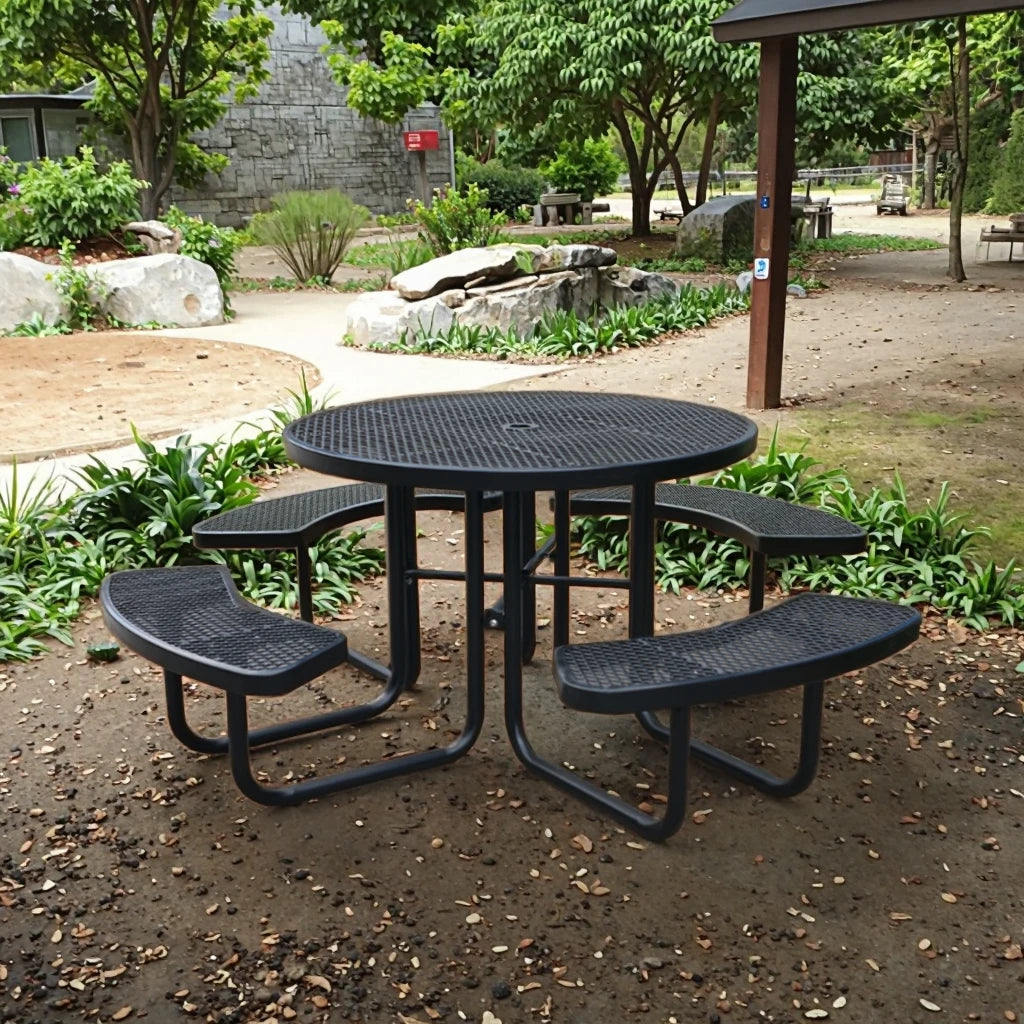 Family-friendly Stainless-steel Round Outdoor Table and Chairs with Safe Edges for Zoos Theme Parks and Picnic Lawns