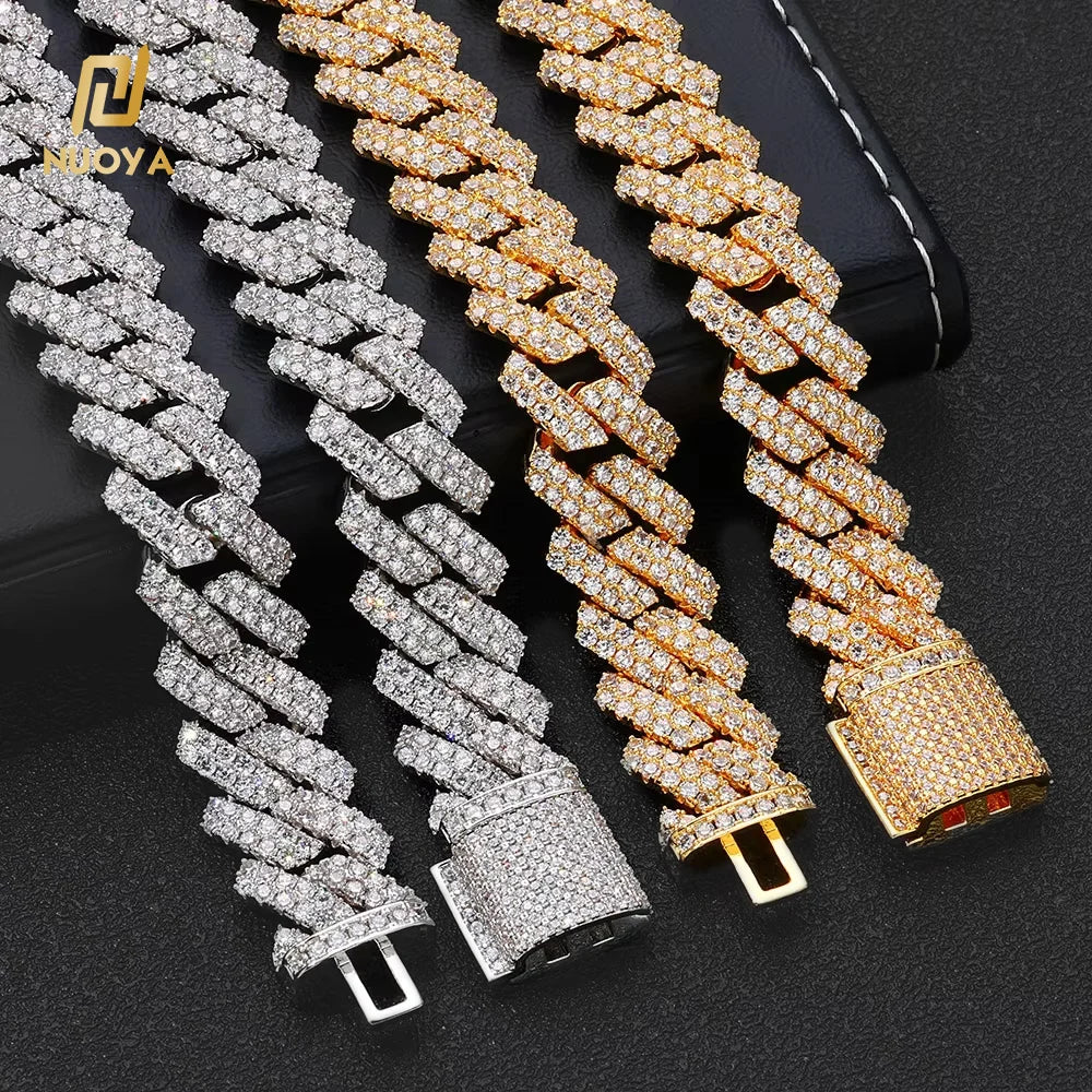 NUOYA Luxury 2 Row Shiny Zircon Diamond Cuban Link Chain Necklace 18K/White Gold Plated Hip Hop Jewelry for Women and Men