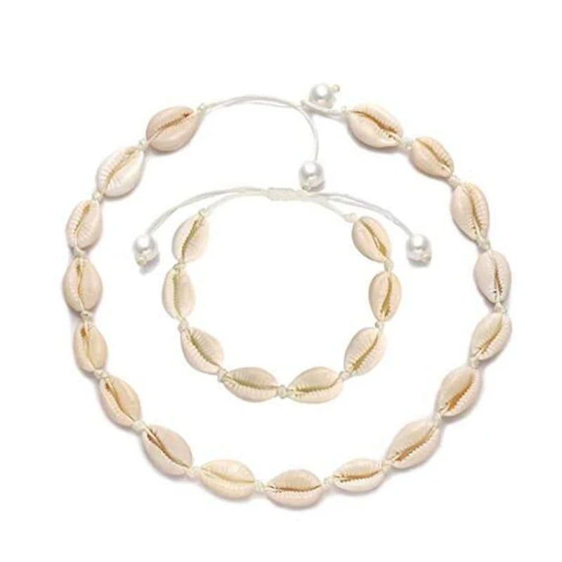 Custom Design Hawaii Beach Natural Pearl Sea Shell Choker Bracelet and Necklace Set