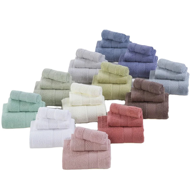 3pcs 100% Cotton Bath Towels 350GSM Quick-Dry Spa Size 70*140cm Shower Towel 74*34cm Face Towel 34*34cm Hand Woven Solid Color