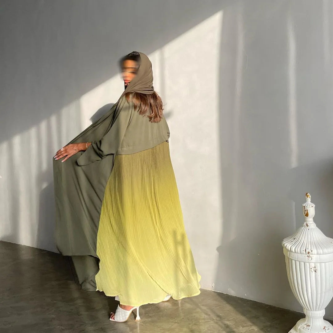 Latest Eid New Design Chiffon Dubai Abaya Designs Crimping Contrast Color Patchwork Abaya Women Muslim Dress Front Open Abaya