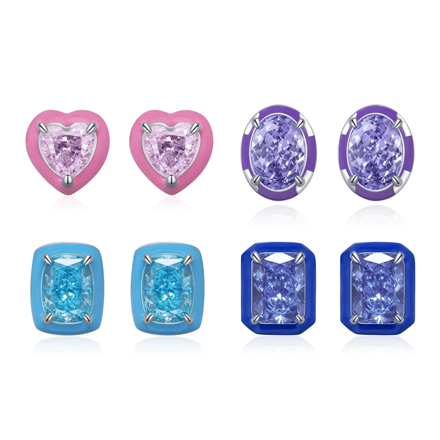 New Colorful Crushed Ice Cut Zircon Earrings S925 Silver Multicolor Enamel Geometric Heart Stud Earrings for Fine Jewelry Gifts