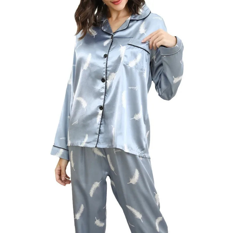 Women Pajamas Set Long Sleeve Soft Satin Notched Collar Button Down Pjs Sleepwear Feather Print