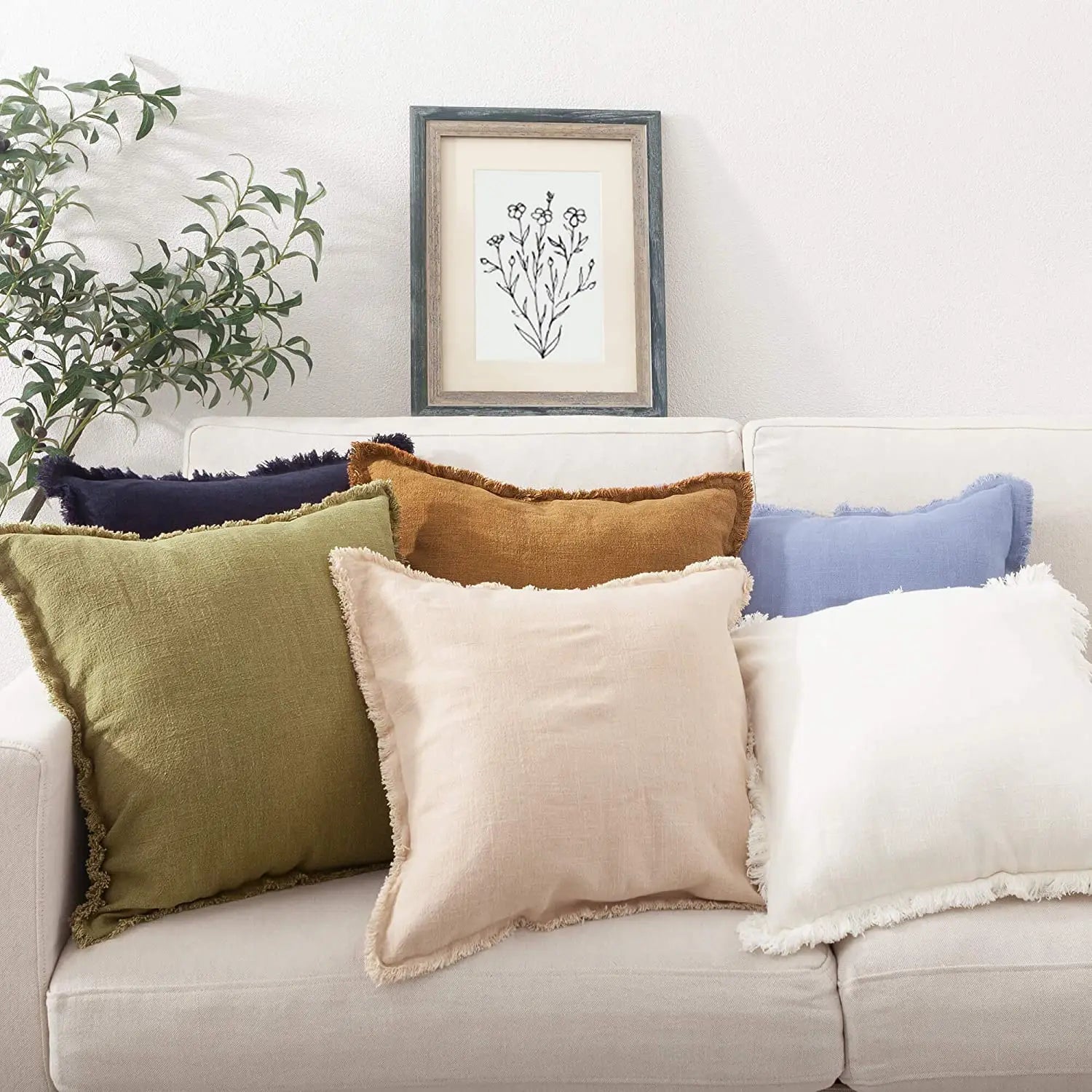 French Linen Flax Cushion Covers Fringed Green White Throw Pillow Cover Pillow Cases