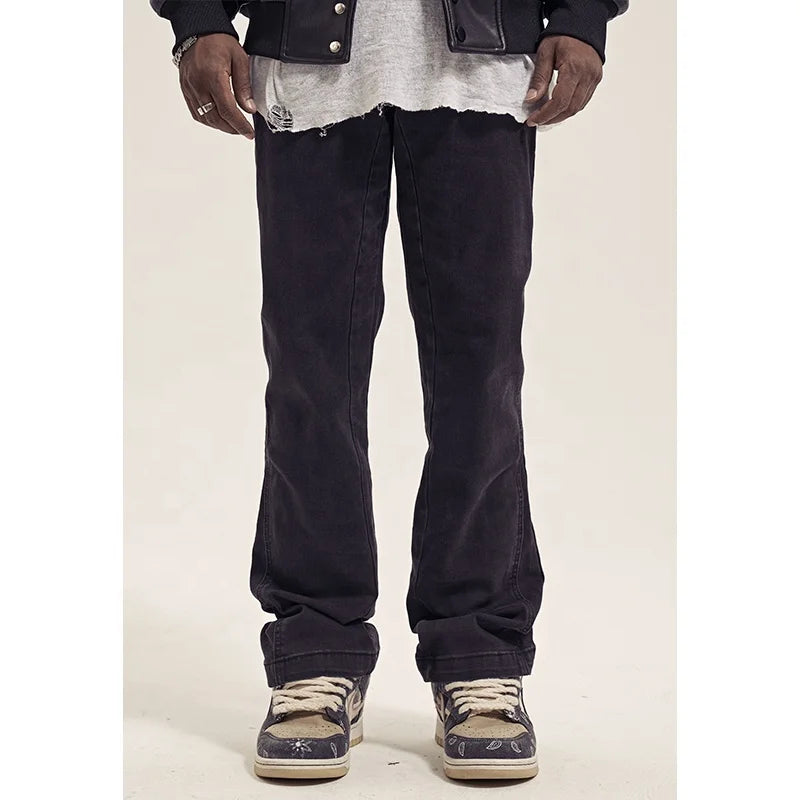 Custom Label  Drop Ship  Stock Street Wear Stock Black Men High Waist  Stacked Flare Jeans