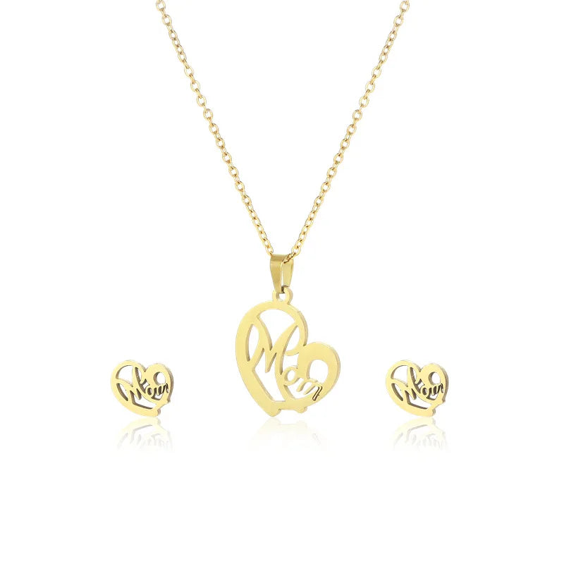 Stainless Gold Color Mom Letter Pendant Necklace Earrings Set Love Heart Mom Daughter Figure Jewelry Set Mother's Day