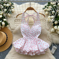 New 2025 Summer Stylish Dot Print Halter Neck Ruffles Bottom Sleeveless Women Casual Tops