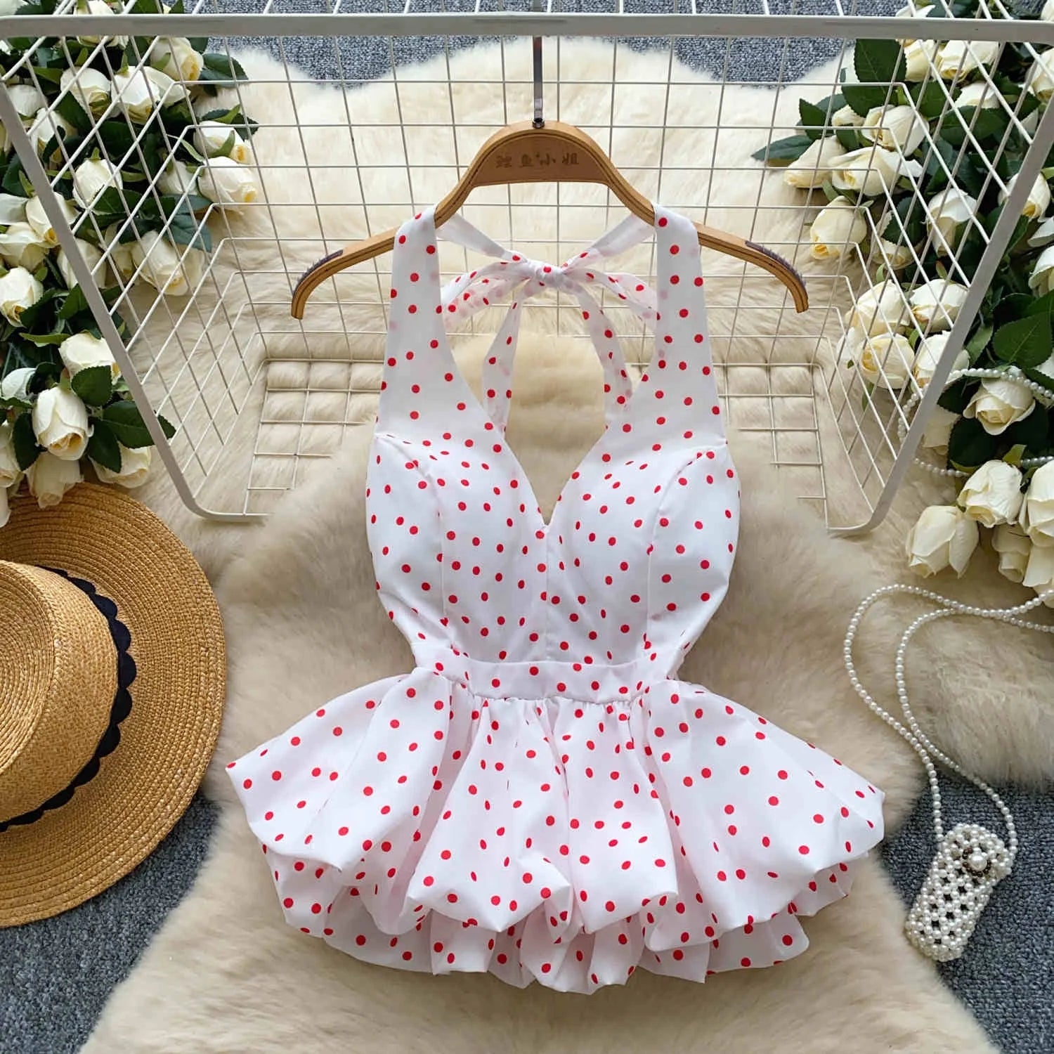 New 2025 Summer Stylish Dot Print Halter Neck Ruffles Bottom Sleeveless Women Casual Tops