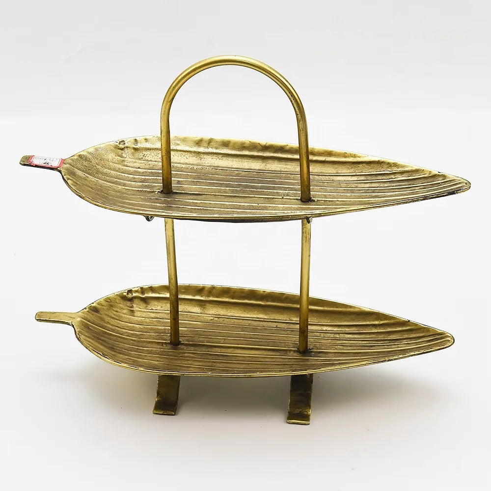 High-grade Metal Fruit Home Decor  Double Layer New Design Golden Leaves Dry Fruit Luxury Serving Tray